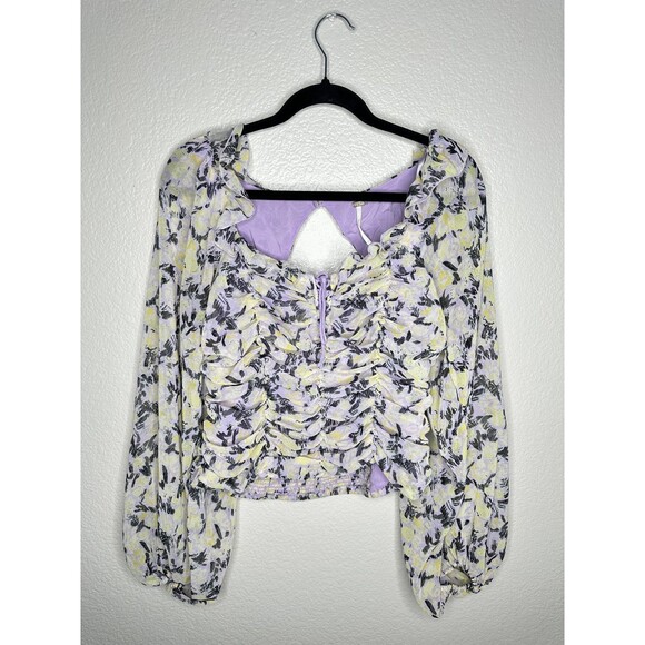 Free People Tops - Free People Floral Ruched Blouse Womens Medium Long Sleeve Lace Up Smocked Back